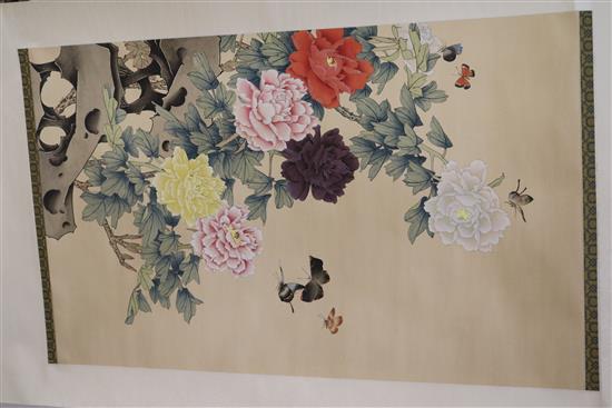 A Chinese scroll painting on silk and a pair of pak choi